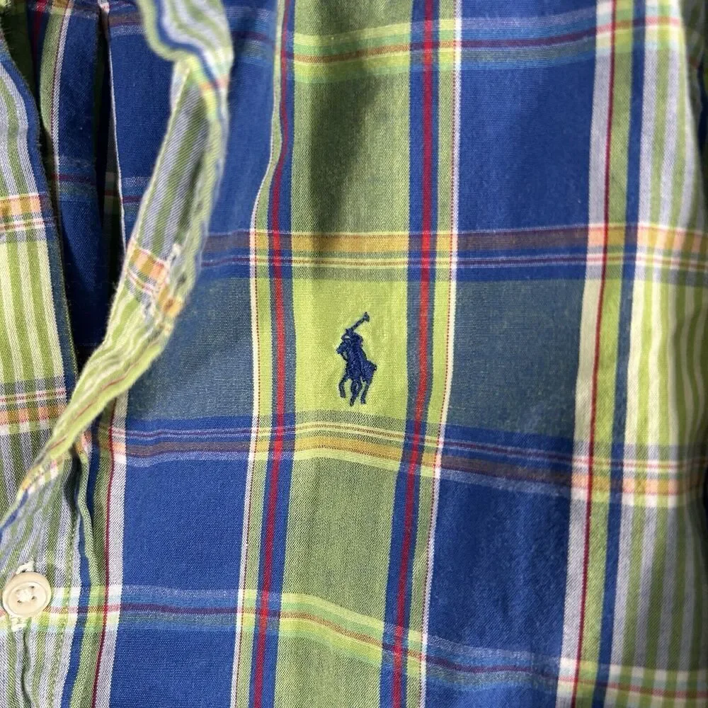 Ralph Lauren Dress Shirt Boys 6 Green Blue Plaid Button Up Long Sleeve Cotton